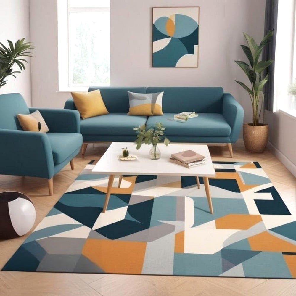 Handcrafted Geometric Blue Mustard Living Room Rug